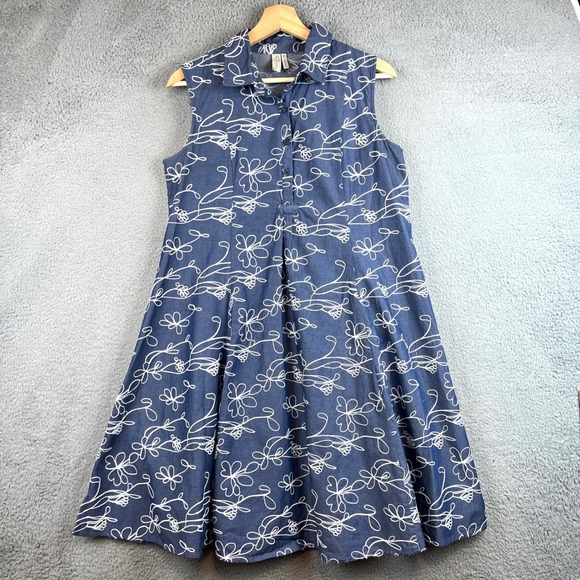 sahalie Dresses & Skirts - Sahalie Womens Blue Floral Embroidered Cotton Sleeveless A-Line Shirt Dress S